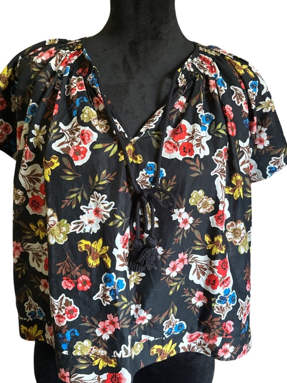 Floral Black Short-Sleeve Blouse With Tassel Tie Neck By Marc New York Jeans - S